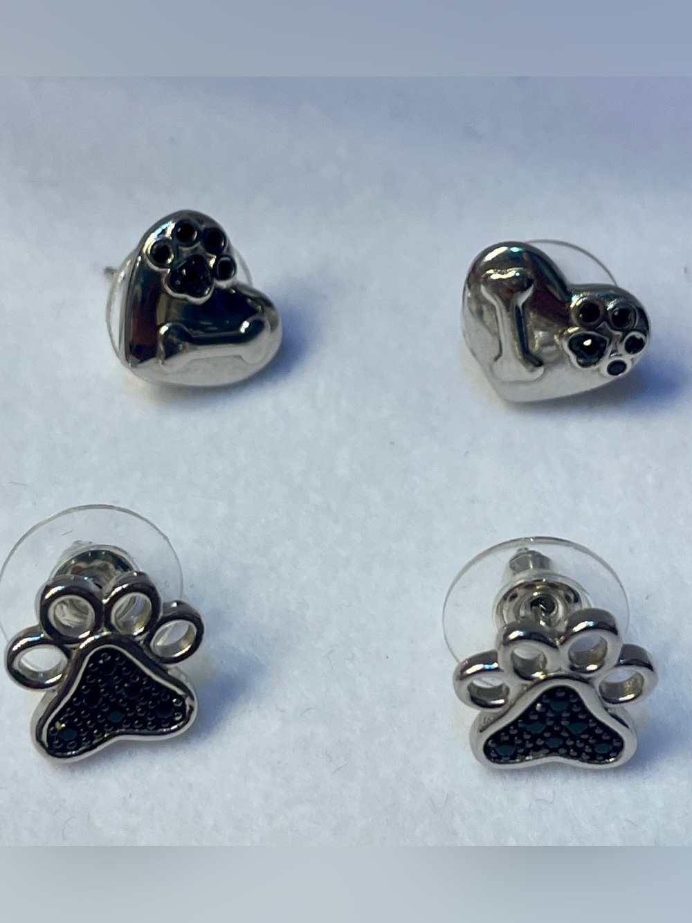2 Pair Dog Lover 925 Sterling Silver Black Spinel Paw Print Stud Earrings. Cute!